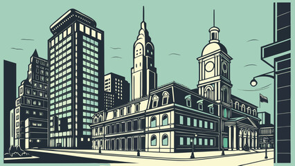 Obraz premium Philadelphia skyline buildings and skyscrapers represent a bustling urban environment ideal for cityscape websites, brochures, postcards, and travel publications.
