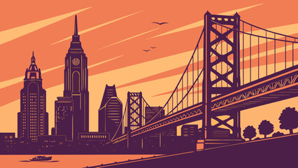 Naklejka premium Philadelphia skyline with benjamin franklin bridge featured suitable for cityscape marketing materials, travel brochures, urban posters, and website banners.