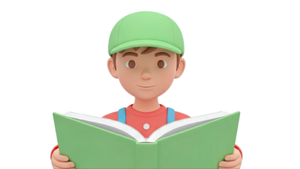 3D Cartoon Boy Reading a Green Book