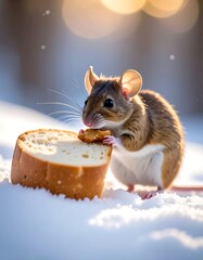 A mouse eating bread in snowy outdoors