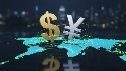 Visualizing Global Financial Interconnections Digital Dollar and Yen Currency Symbols on a World Map Network Representing International Exchange