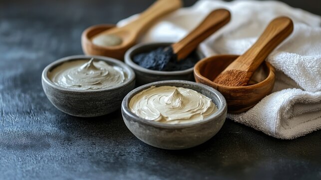 Four bowls of facial mud masks on a dark surface with a white towel.