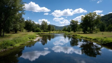 Obraz premium A serene river flows through a lush green landscape under a bright blue sky with fluffy white clouds reflecting the scenery