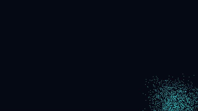 Abstract particle swarm simulating financial market volatility. Teal data points cluster into spheres then explode into chaotic magenta dispersion. Seamless loop of procedural flocking behavior 