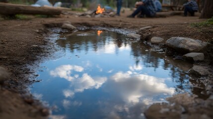 Fototapeta premium A serene campsite scene with a water puddle reflecting the sky and a campfire burning in the background