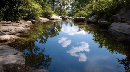 Tranquil stream reflecting the blue sky and fluffy clouds amidst natural rocks and lush green foliage