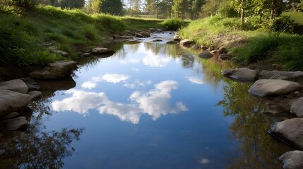 A serene brook flows gently through a natural landscape its clear water reflecting a bright blue sky with white clouds