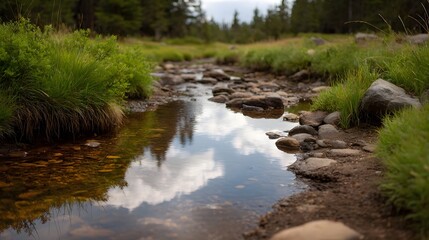 Fototapeta premium A clear shallow stream flows over rocks reflecting the sky and clouds with lush green grass lining its banks in a serene natural environment