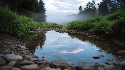 A serene misty forest landscape with a tranquil stream reflecting the cloudy sky and surrounding trees