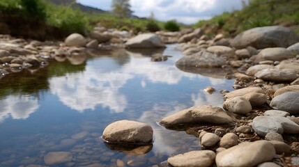 Obraz premium A gentle stream flows over pebbles reflecting the cloudy blue sky on a bright afternoon