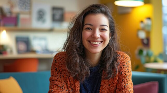A young woman with long, wavy brown hair smiling warmly in a cozy, yellow-lit room with a blue sofa and orange chair.