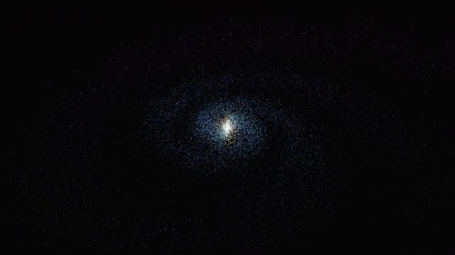 Seamless loop of a rotating spiral galaxy with billions of stars and dust lanes. Procedural 3D simulation of galactic structure using differential rotation and logarithmic math.