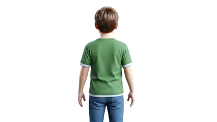 Boy's back view wearing a green t-shirt and jeans