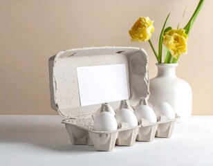 Eggs in carton with blank card, yellow flowers in white vase on a light background