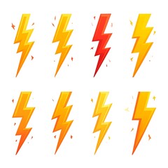 Eight colorful lightning bolts radiating sparks on a white background