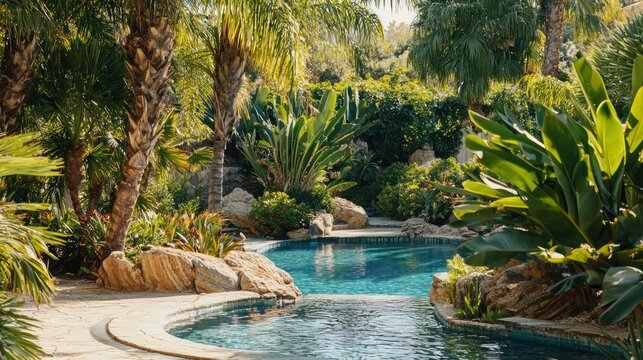 A serene tropical garden with a swimming pool, surrounded by lush greenery and palm trees.