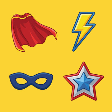 Superhero accessories set with cape mask lightning bolt and star.