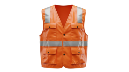 Orange Safety Vest with Reflective Strips and Pockets on White Background