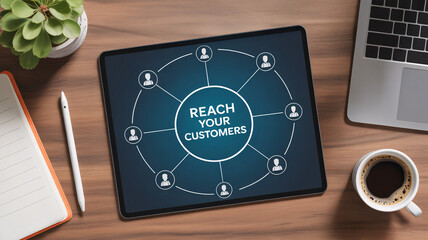 Tablet displaying "REACH YOUR CUSTOMERS" network diagram on wooden desk with laptop and coffee