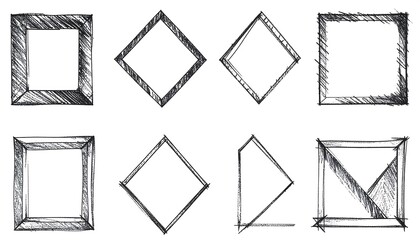 Eight sketched frames in varying shapes, lines, and perspectives, black and white, simple art