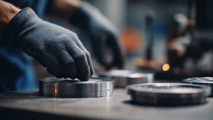 Close-up of worker's hand handling metal parts in industrial setting