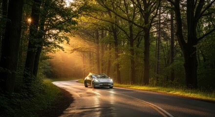 Modern automobile travels along a curving forested road bathed in warm morning sunlight