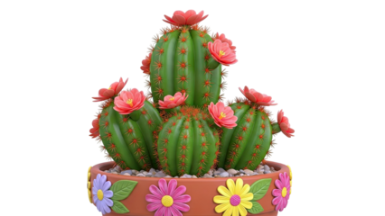 Cartoon Cactus with Pink Flowers in a Decorative Pot