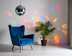 An interior shot depicts a teal armchair with wooden legs, disco ball, and colorful light patterns on the wall. A potted plant stands nearby