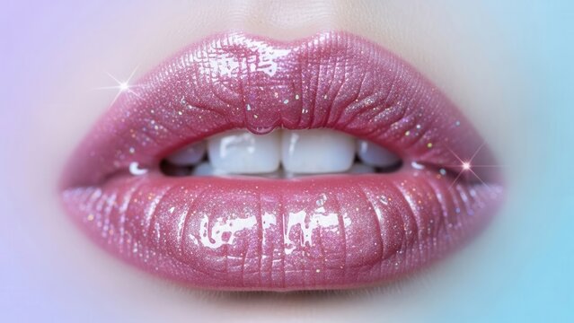 A close-up view of beautifully glossed and shimmering pink lips, showcasing a radiant and captivating beauty aesthetic.