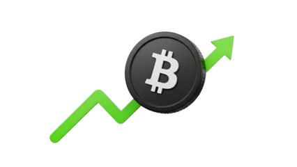 Bitcoin Coin Rising with Green Arrow Graph on White Background