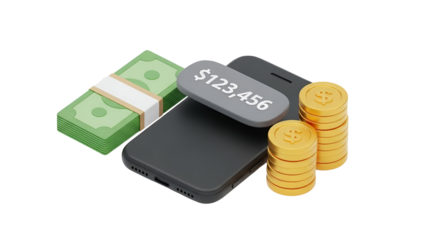 Mobile Banking with Cash and Coins Display on Smartphone Screen