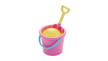 Colorful Children's Beach Bucket with Shovel and Ball, Isolated on White