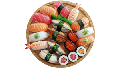 Assortment of Sushi and Rolls on a Wooden Platter