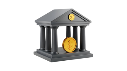 Gray miniature Greek temple with gold coins, symbolizing wealth and prosperity