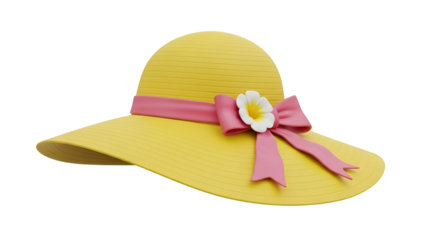Yellow Sun Hat with Pink Ribbon and Flower Decoration for Summer