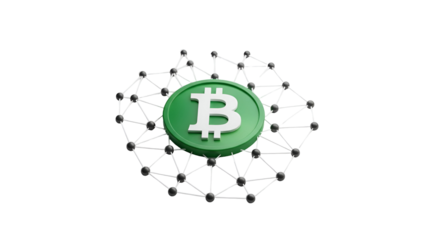 Bitcoin Coin Connected to Network Nodes on White Background