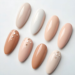 Mixed acrylic nail styles in perfect almond shape, featuring glossy finishes.