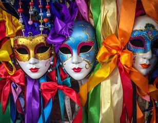 Elaborate, colorful Venetian masks, adorned with ribbons and bows, hang side-by-side