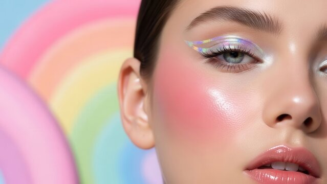 A young woman showcases vibrant makeup with colorful eye designs against a soft pastel rainbow background, embodying a playful and artistic beauty aesthetic.