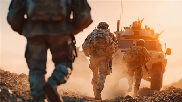 Ultra HD Special Forces Sunset Patrol 4K, Soldiers Advancing Through Desert Heat 4K Video, Infantry Movement at Dusk 4K Video, Tactical Squad on the Move 4K Video