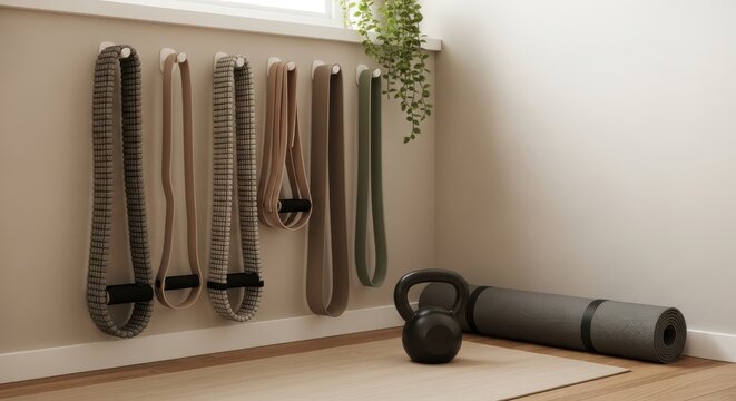 Fitness equipment and resistance bands neatly organized on a wall beside exercise gear on the floor.