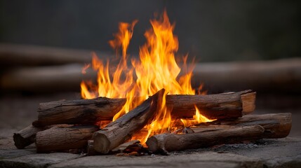 Intense orange and yellow flames brightly consume stacked dry rustic logs in an outdoor campfire at twilight