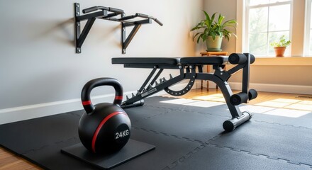 Home fitness equipment including a kettlebell and adjustable bench is set up indoors near a bright window