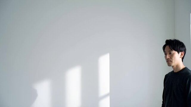 冬の静かな室内で、日本人男性が右端に立ち、広い余白が生まれる構図。
曇り空の自然光が窓から入り、低コントラストで落ち着いた印象。
ビジネスカジュアルの装いで緩やかな動きのみのミニマルな雰囲気。