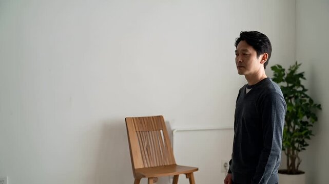 冬の静かな室内で、日本人男性が右端に立ち、広い余白が生まれる構図。
曇り空の自然光が窓から入り、低コントラストで落ち着いた印象。
ビジネスカジュアルの装いで緩やかな動きのみのミニマルな雰囲気。
