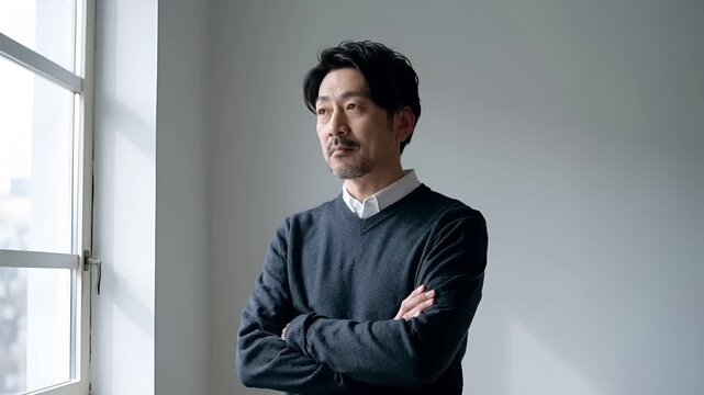 冬の静かな室内で、日本人男性が右端に立ち、広い余白が生まれる構図。
曇り空の自然光が窓から入り、低コントラストで落ち着いた印象。
ビジネスカジュアルの装いで緩やかな動きのみのミニマルな雰囲気。