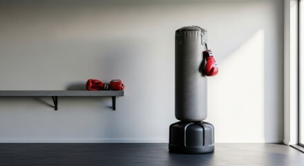 Freestanding heavy bag stands ready beside a shelf holding protective hand coverings inside a minimally decorated training space.