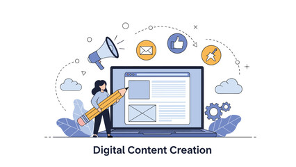 Digital content creation concept shows a female designer holding a large pencil while working on website layouts and social media posts.