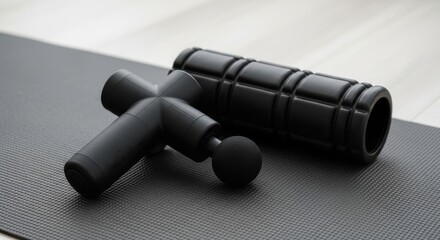 Fototapeta premium Black muscle recovery tools rest upon a textured exercise mat indoors