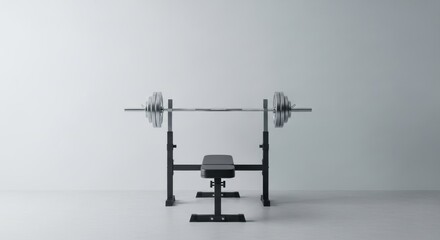 Naklejka premium Weightlifting bench and barbell are positioned centrally against a plain light background.